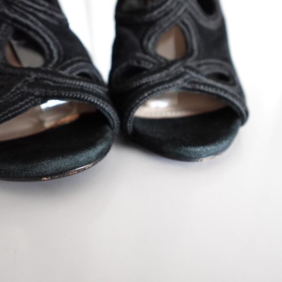 Prada Black Suede Cutout Tie-Back Ankle Peep Toe Stiletto Sandals - Picture 6 of 16